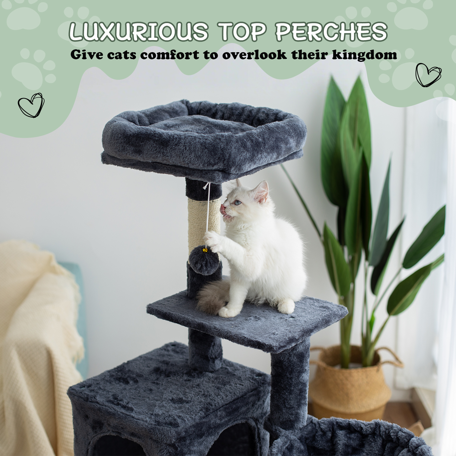 Senbonry Cat Tree for Indoor Cats with Scratching Posts 49in Small Gothic Tower with 9 Inchs Tunnel, Condo, Basket, Pompoms,Dark Gray
