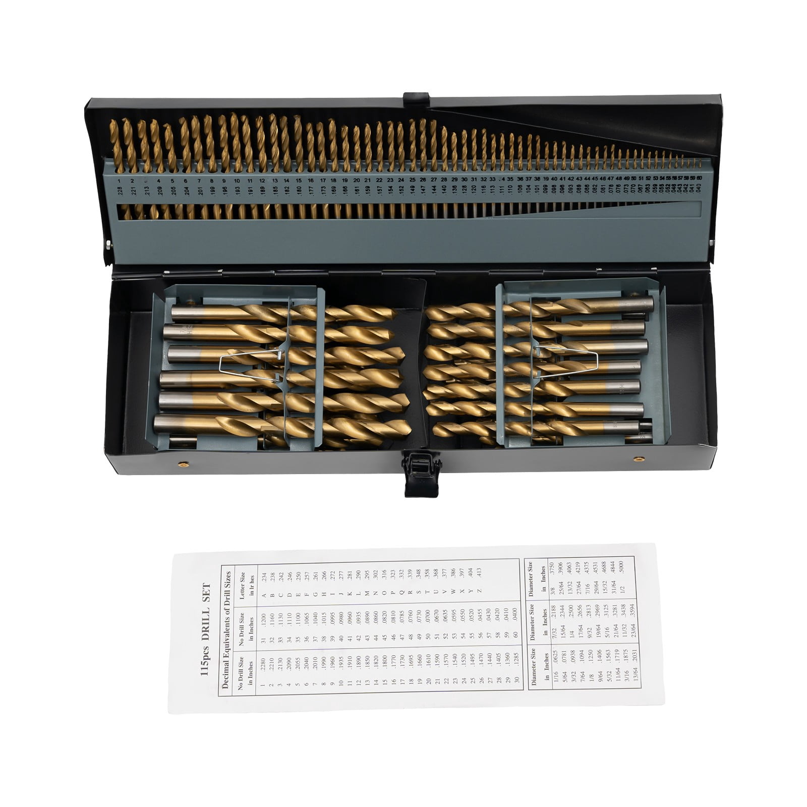 115PCS Drill Bit Set, 4241 High Speed Steel & Iron Material, Gold Black Painted Surface. 118° Point Angle, Straight Round Shank, Spiral Flute for Electric Drill Mount