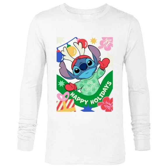 Disney Lilo & Stitch Happy Holidays 100% Naughty Christmas - Long Sleeve T-Shirt for Men - Customized-White