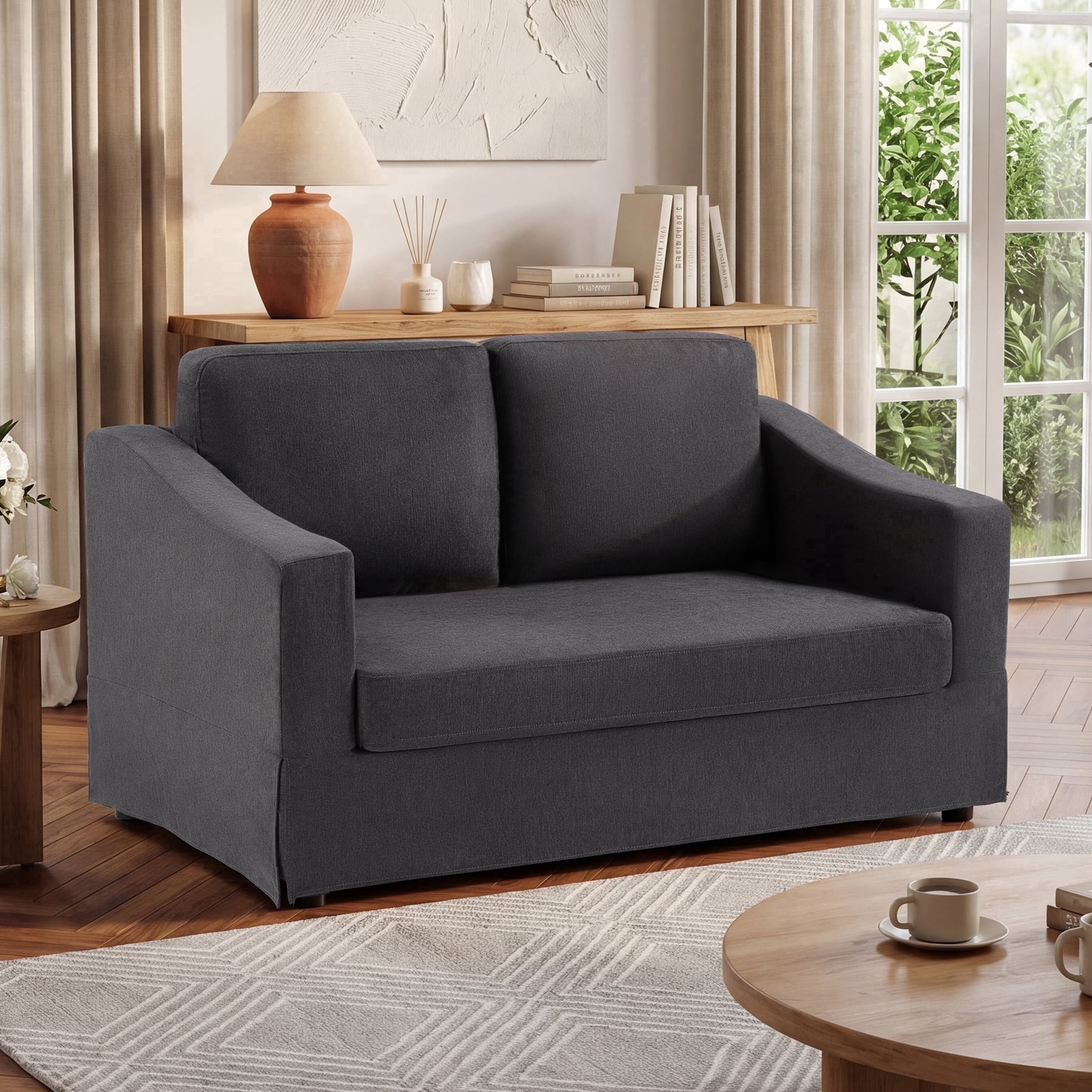Ebello 2-Seater Loveseat Sofa, Thick Cushion Soft Fabric Upholstered Compact Couch for Living Room, Apartment, Office (Dark Gray)