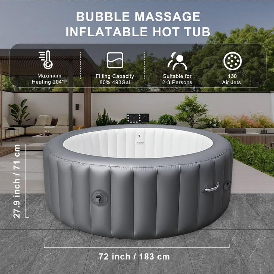 72" Inflatable Hot Tub, 4-6 Person Portable Bubble Massage Bathtub with Heating, Filtration, 6-Color Ambient Light, One-Click Inflation, Pool Cover, Floor Mat & Filter Cartridges for Patio Backyard