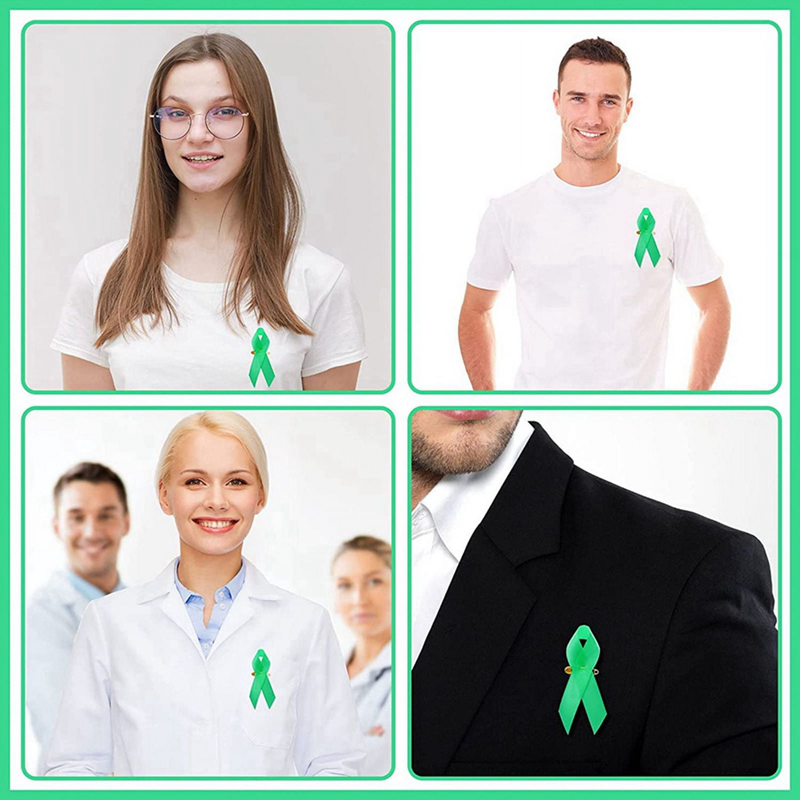 400 Pieces Awareness Ribbon Satin Ribbon Lapel Pins Fabric Ribbons with Pins for Women Men (Green)