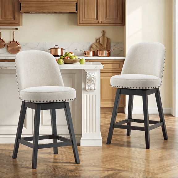 AFO 26" Upholstered Swivel Counter Height Bar Stools Set of 2, Modern Fabric Bar Chairs with Solid Wood Frame, Suitable for 35"-39" Table, For Kitchen Island Dining Room Pub Restaurant, Beige