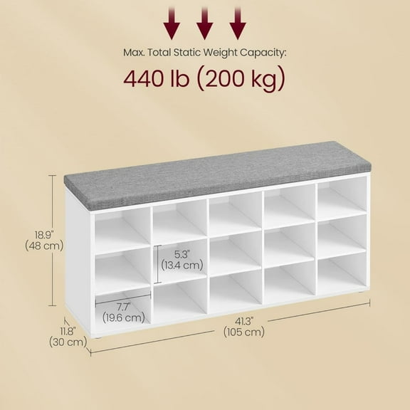 Shoe Bench, Storage Bench with Padded Seat, Entryway Bench with 15 Compartments, for Bedroom, 11.8 x 41.3 x 18.9 Inches, Cloud White and Dove Gray