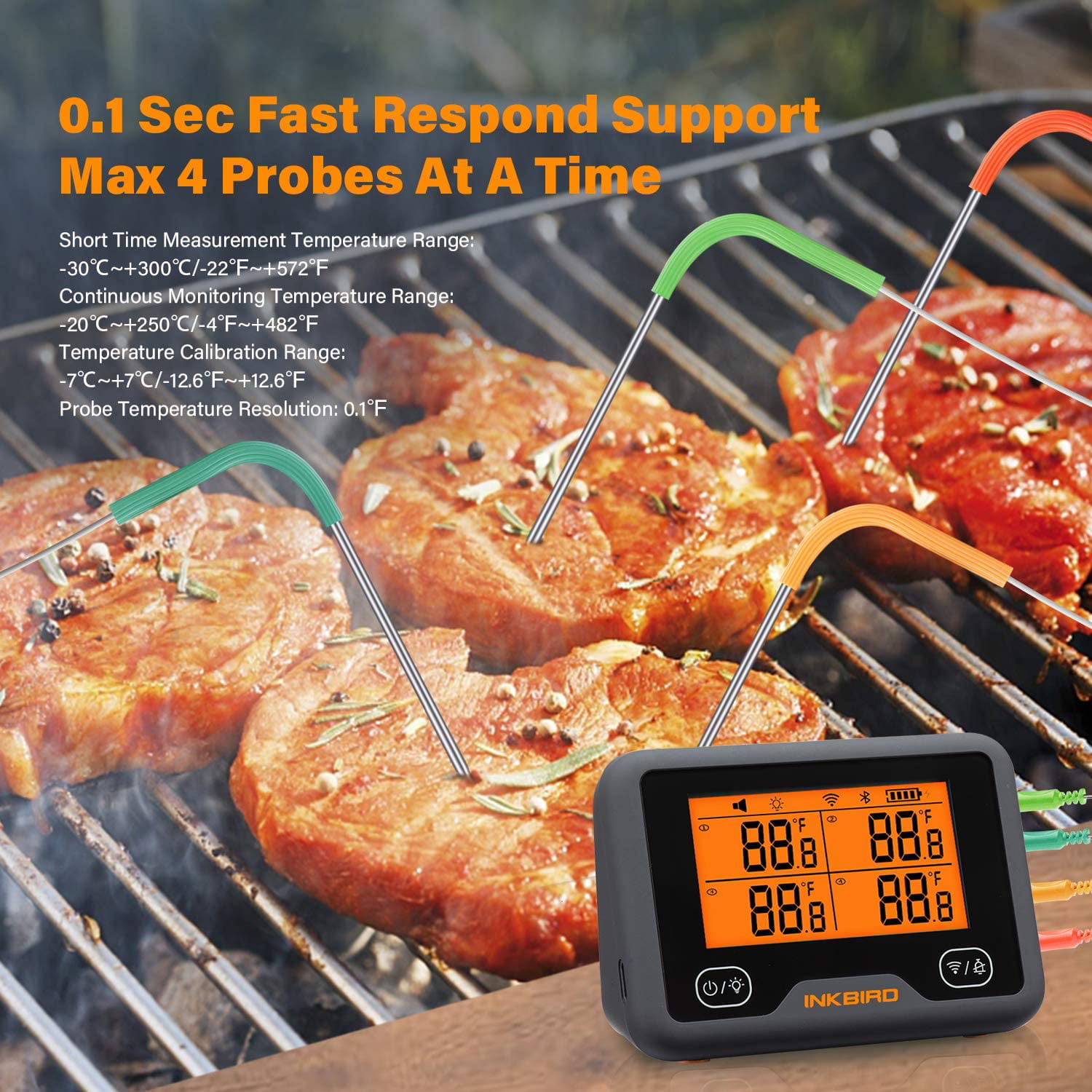 Inkbird Wi-Fi Bluetooth Grill Thermometer IBBQ-4BW, Wireless Meat  Thermometer with 4 Probes, Timer, High/Low Temp Alarm, WiFi Meat Grill  Thermometer for Smoker, Oven, Kitchen, Drum 