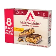 Atkins High Protein Bars, Chocolate Chip Granola Flavor, 17g Protein, 8 Count (Value Pack)