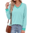 thumbnail image 2 of MOSHU Color Block T Shirts for Women V Neck Long Sleeve Womens Shirts Loose Fall Tops with Pocket, 2 of 10