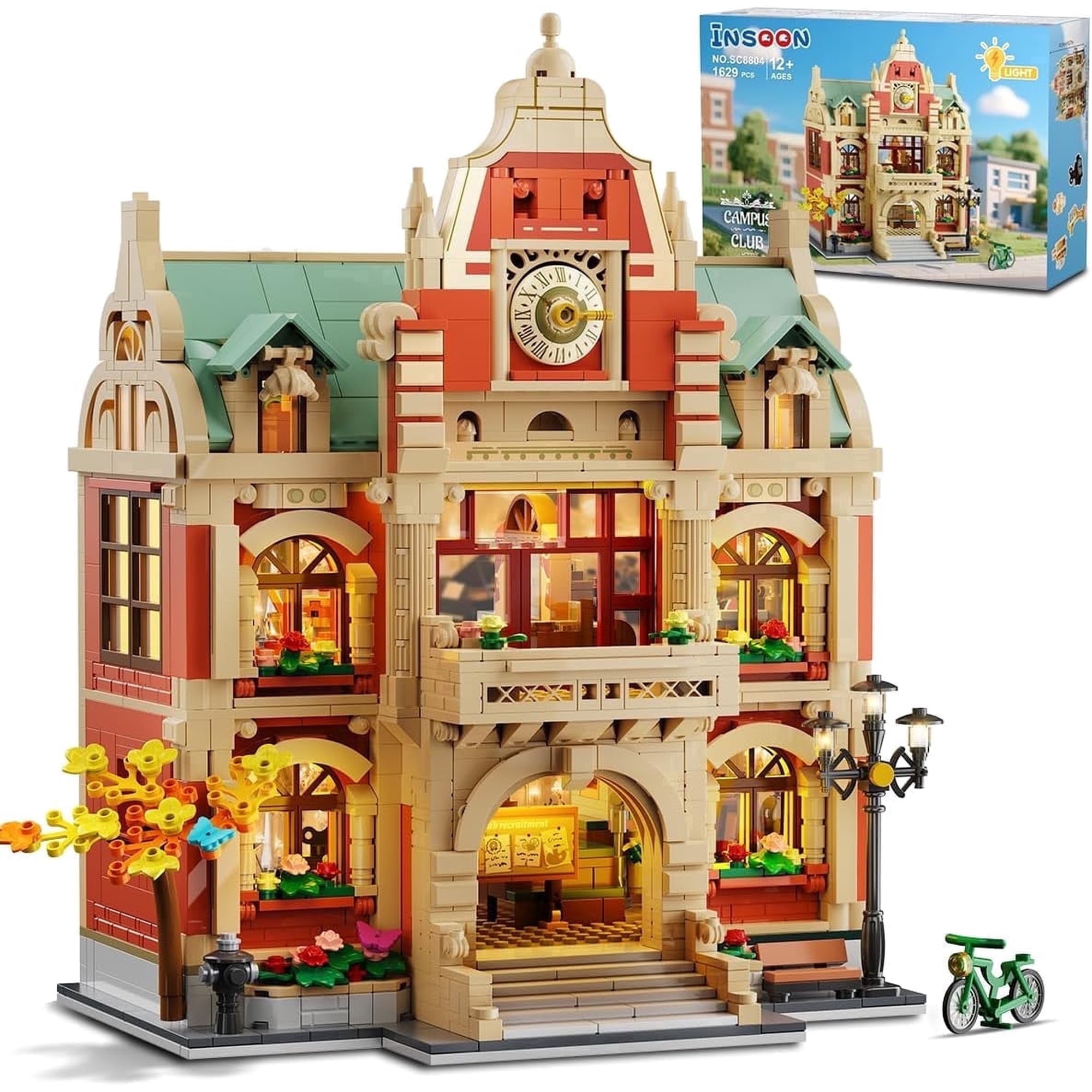 TERRAMUS University Club House Building Set with Light, 1629 Pcs City Campus Architecture Model Home Office Decor Building Blocks Kit, Creative Building Toys for Age 12+