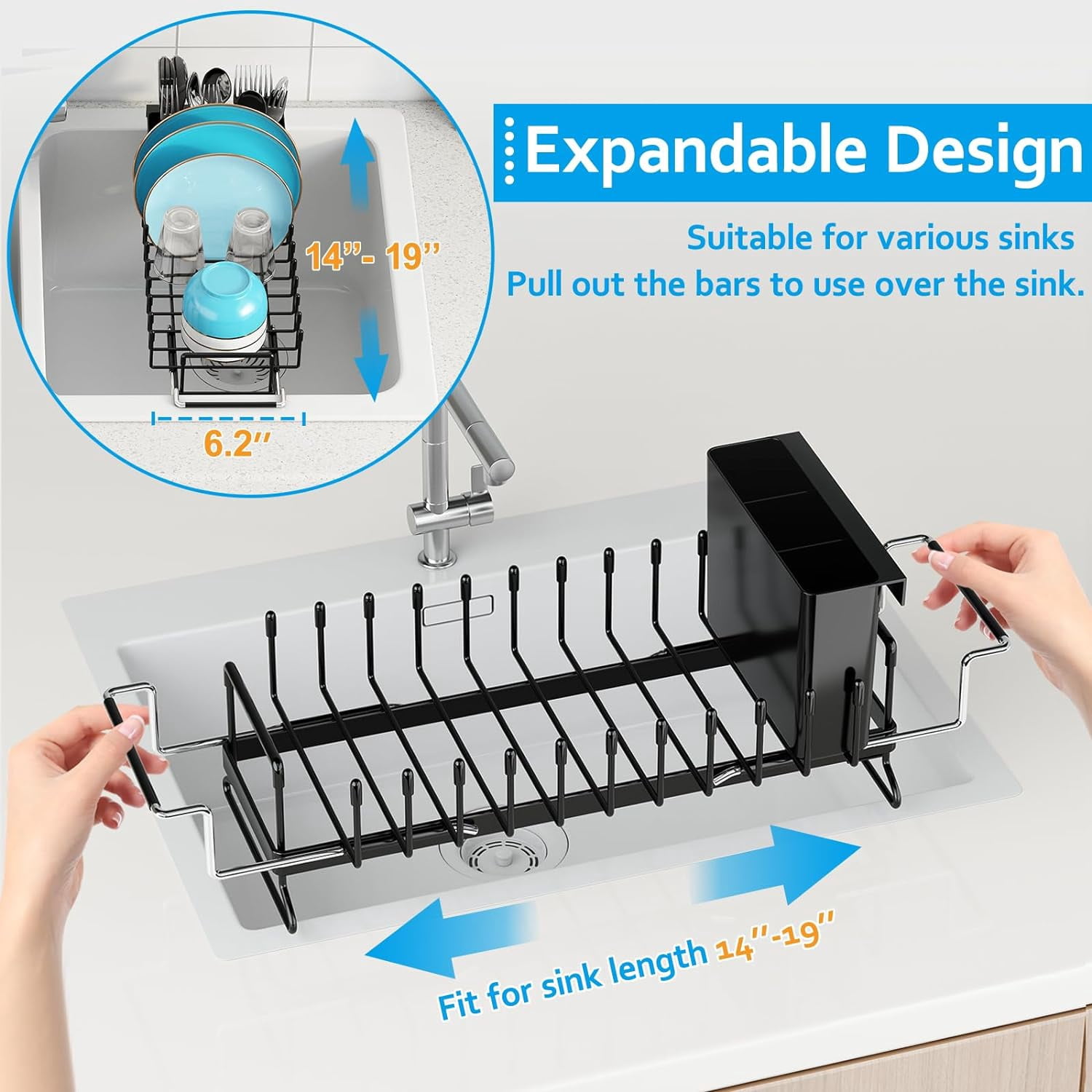HBlife Expandable Sink Dish Drying Rack, Small Dish Rack Over Sink with Silicone Drying Tray, Sink Dish Drainer for Kitchen Counter with Cutlery Holder