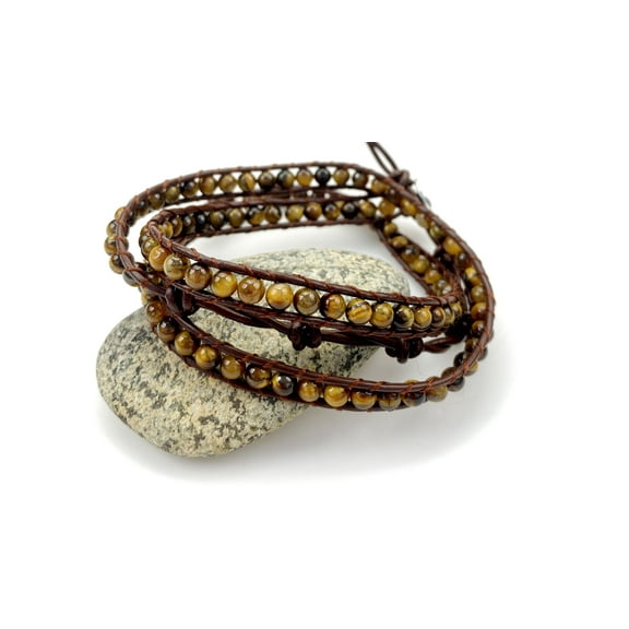 26" Tiger Eye Semi-Precious Gemstone on Genuine Brown Leather Wrap Bracelet