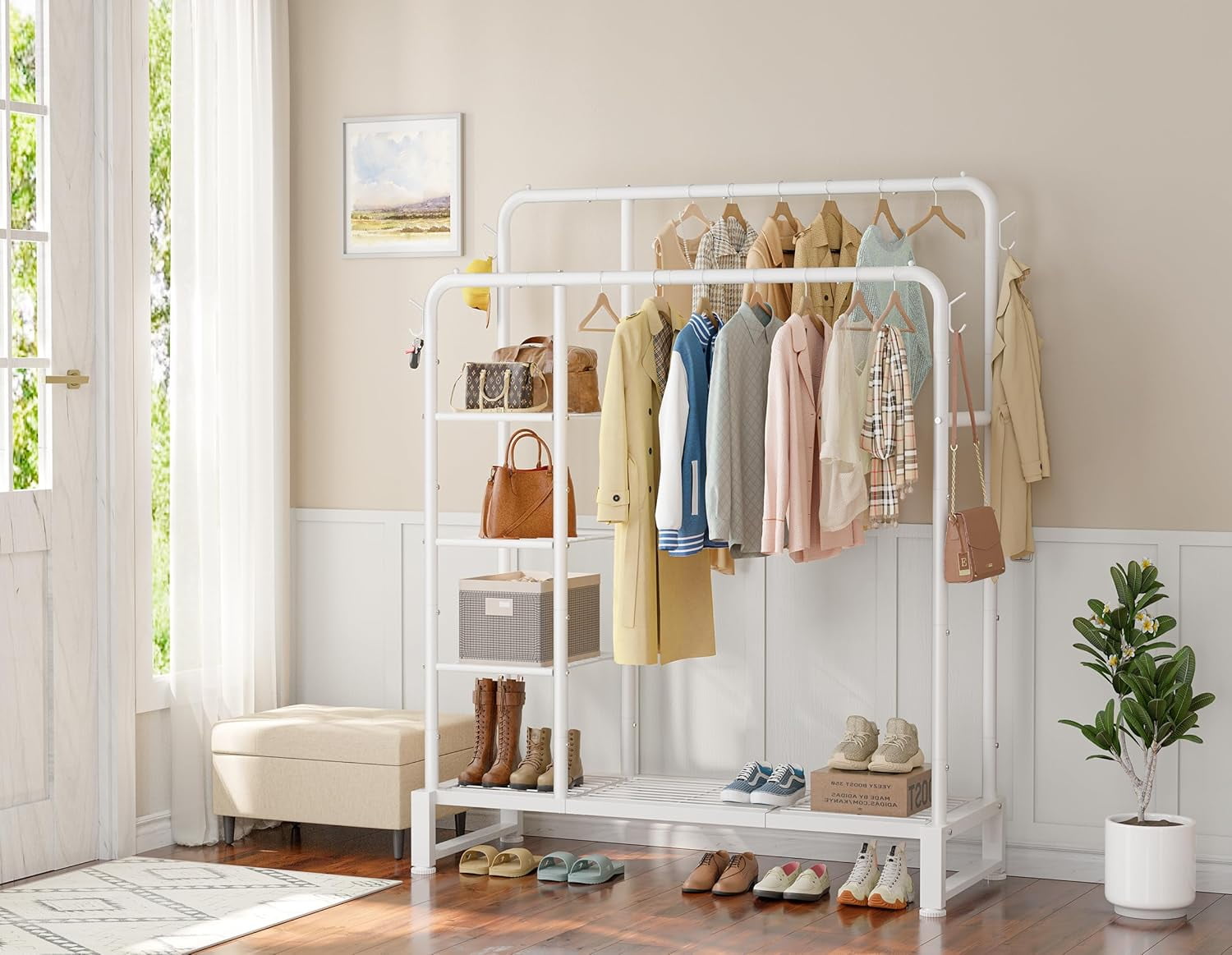 Double Rods Clothes Rack Clothing Rack with  Storage Shelves Clothes Rack for Hanging Clothes Multifunctional Heavy Duty Clothes Organizer with Hooks for Bedroom,Wardrobe Closet,Shop