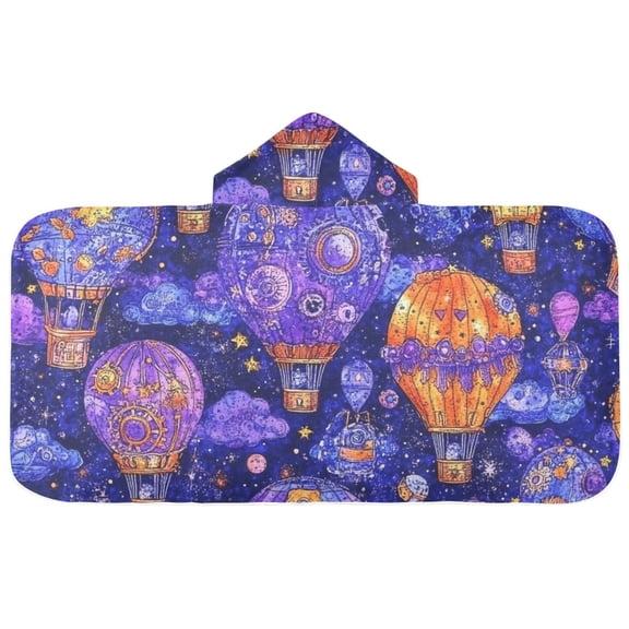 Purple Hot Air Balloons Hooded Beach Towel Kids Bath Towels Quick Dry for Pool Swiming 50" x 23.5" Microfiber Soft Bathrobe
