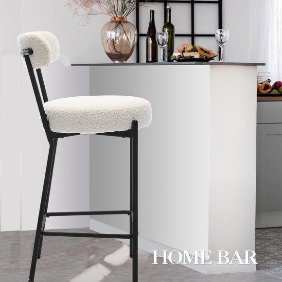 BeesClover Boucle Bar Stools Set of 2, 26 Inch Boucle Barstool Chairs with Back, Modern Metal Tall Bar Stools, Upholstered Counter Height Bar Chairs for Kitchen & Kitchen Island