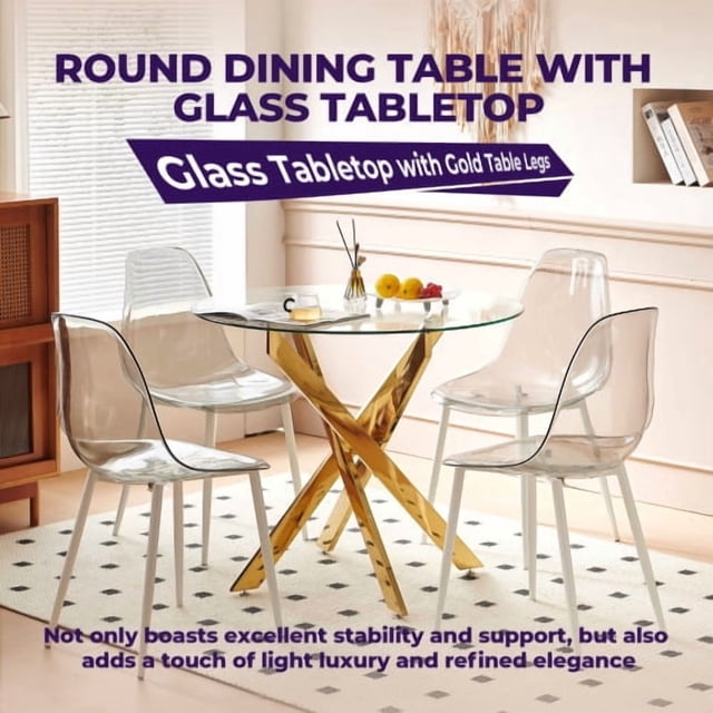 Round Glass Dining Table - Chrome Metal Legs, Clear Glass Table Top, Modern Dining Table for Home Kitchen Dining Room