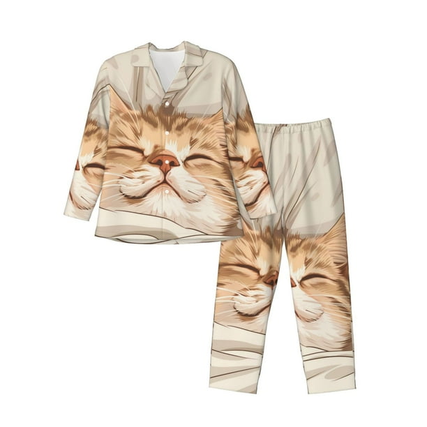 Fotbe Sleeping Cat In Blanket Pijama de Hombre con Estampado de Manga Larga, Conjunto de 2 Piezas, Ropa de Dormir Suave y Cómoda con Bolsillos-Medium