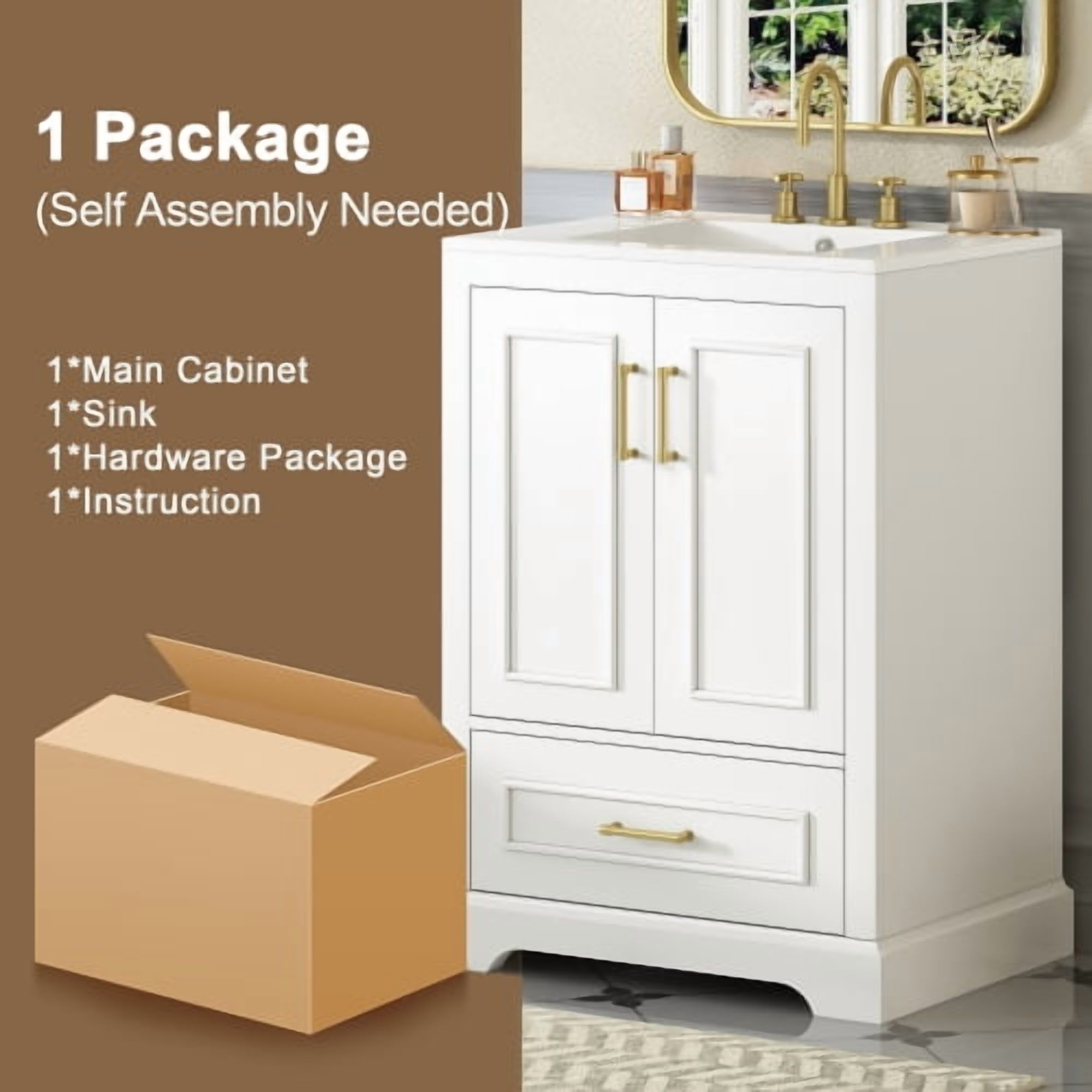 24 Inch Bathroom Vanity with Sink, Modern Freestanding Cabinet with Soft Close Doors and Ceramic Basin for Bathroom Storage, White