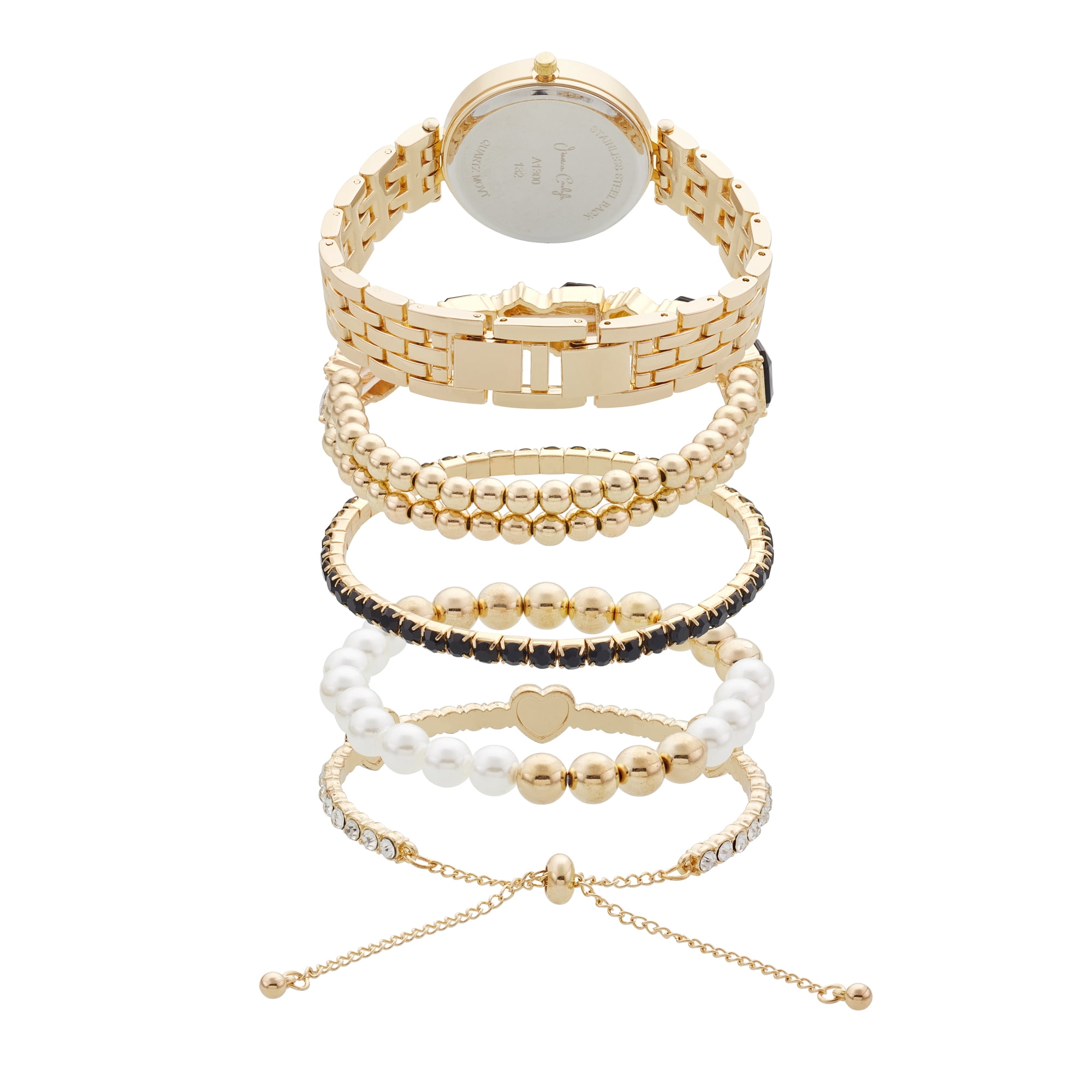 Jessica Carlyle Holiday 2022 Ladies Analog Watch With 4 Piece Stackable Bracelet Set, Shiny Gold