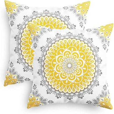 

Throw Pillow Covers Pack of 2 Cozy Fleece Mandala Dahlia Floral Medallion Compass Style Cushion Cases for Couch Bed Sofa Farmhouse Decoration 16x16 inches Yellow Grey