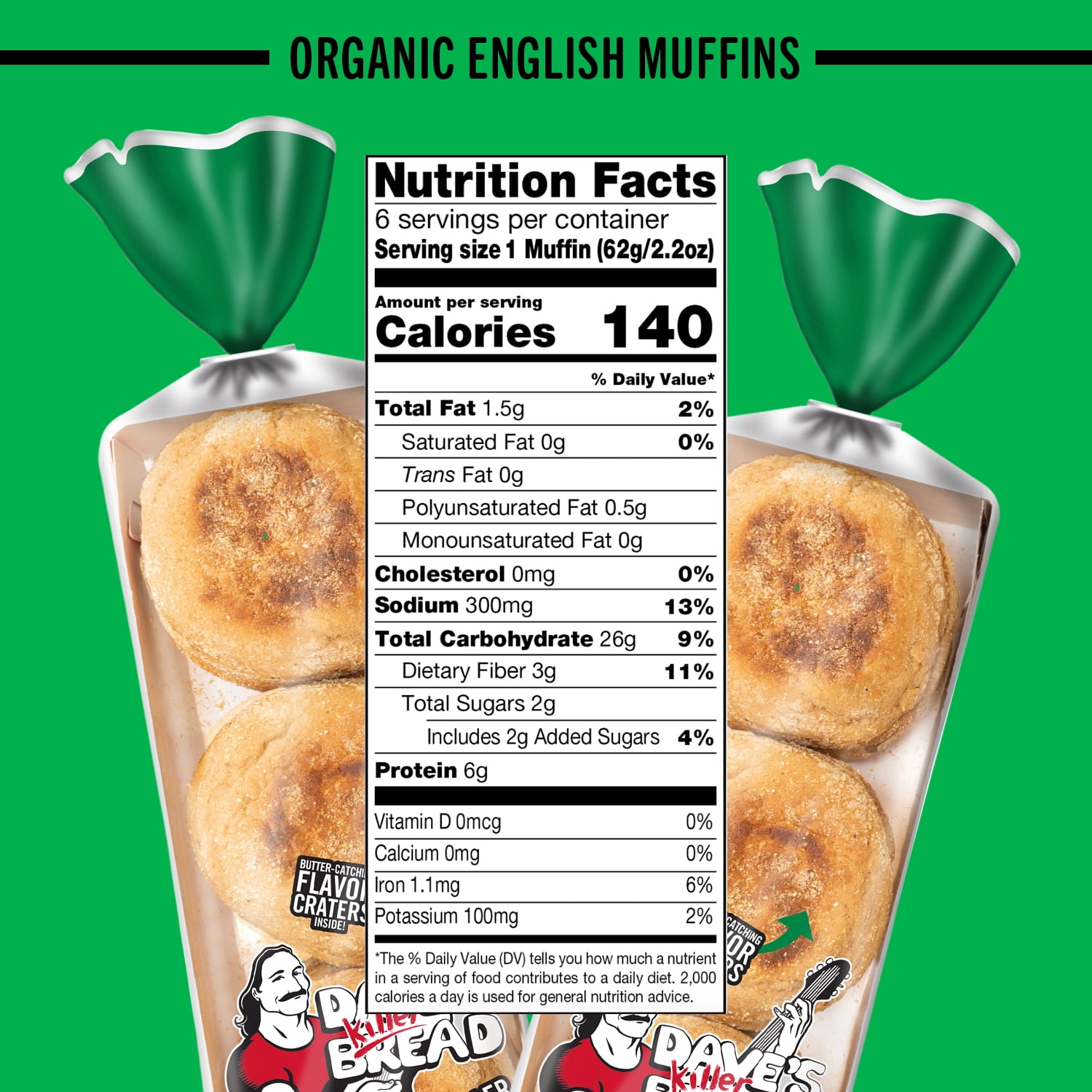 Dave's Killer, Bread Rockin' Grains English Muffins, Organic Whole Grain English Muffins, 6 Count
