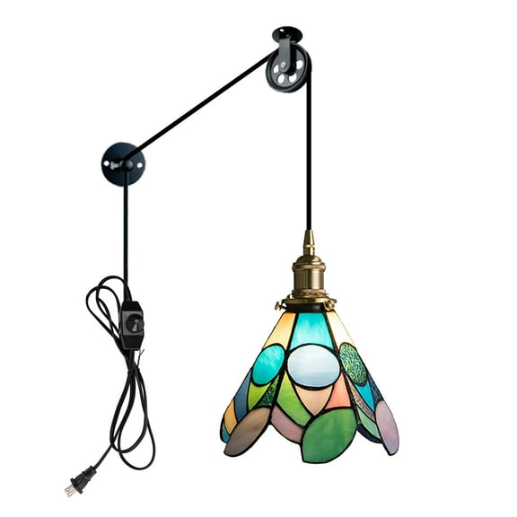 Kiven Plug in Pendant Light, Tiffany Stained Glass Hanging Light Fixture with Glass Lampshade and Pulley, E26 Socket Dimmable Pendant Light for Bedroom Hallway Cafe Kitchen,Adjustable Height