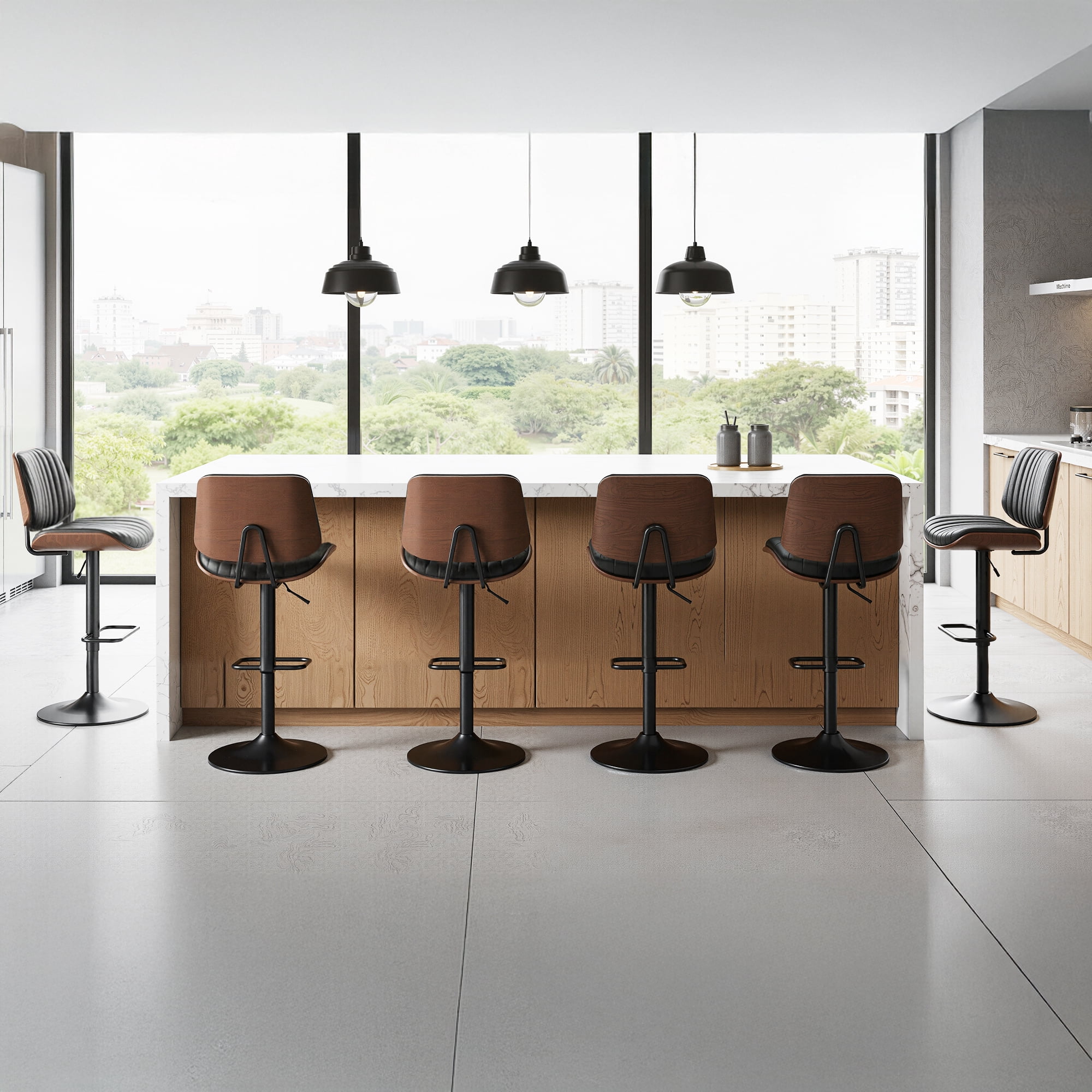 EOP Modern Upholstered Barstools Set of 2, Adjustable Height Counter Stools with Bentwood, Faux Leather Swivel Bar Stools with Metal Frame, Black