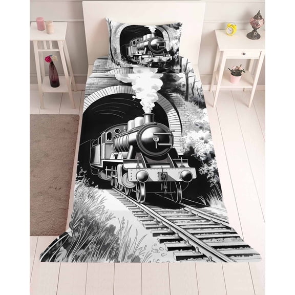 3 Piece Twin Sheet Set Grey Trains Sheets Set for Twin Size Bed, Breathable Soft Microfiber Bed Sheets Cooling Black White Vintage Tunnels Hand Print Art Fitted Sheet Deep Pocket, Pillowcases