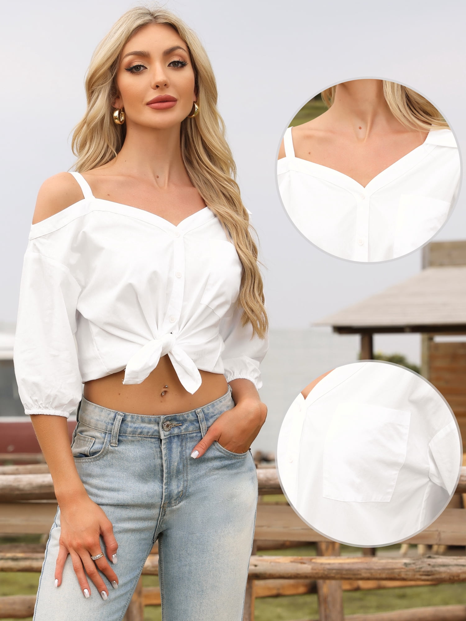 DARING DIVA Women's Asymmetrical 3/4 Sleeve Off Shoulder Front Button Up Shirt XL White