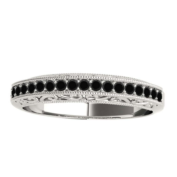 AoneJewelry 1/5 Carat Black Diamond Milgrained Wedding Band In Solid 10K White Gold