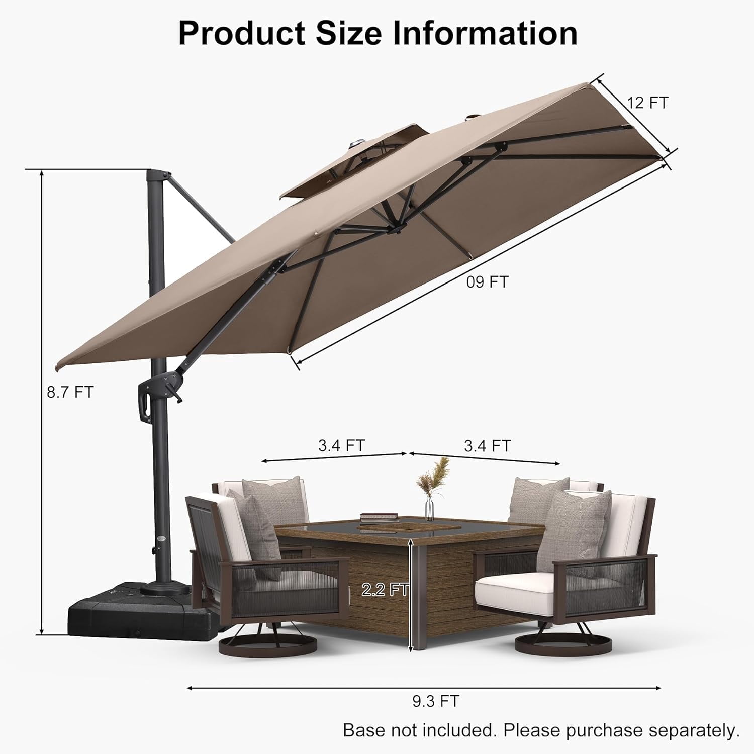 PURPLE LEAF Outdoor Cantilever Umbrella 9' X 12' Rectangle Umbrella Large Patio Umbrella Windproof Heavy Duty Hanging Offset Umbrella for Garden Outdoor Pool, Ash Mocha