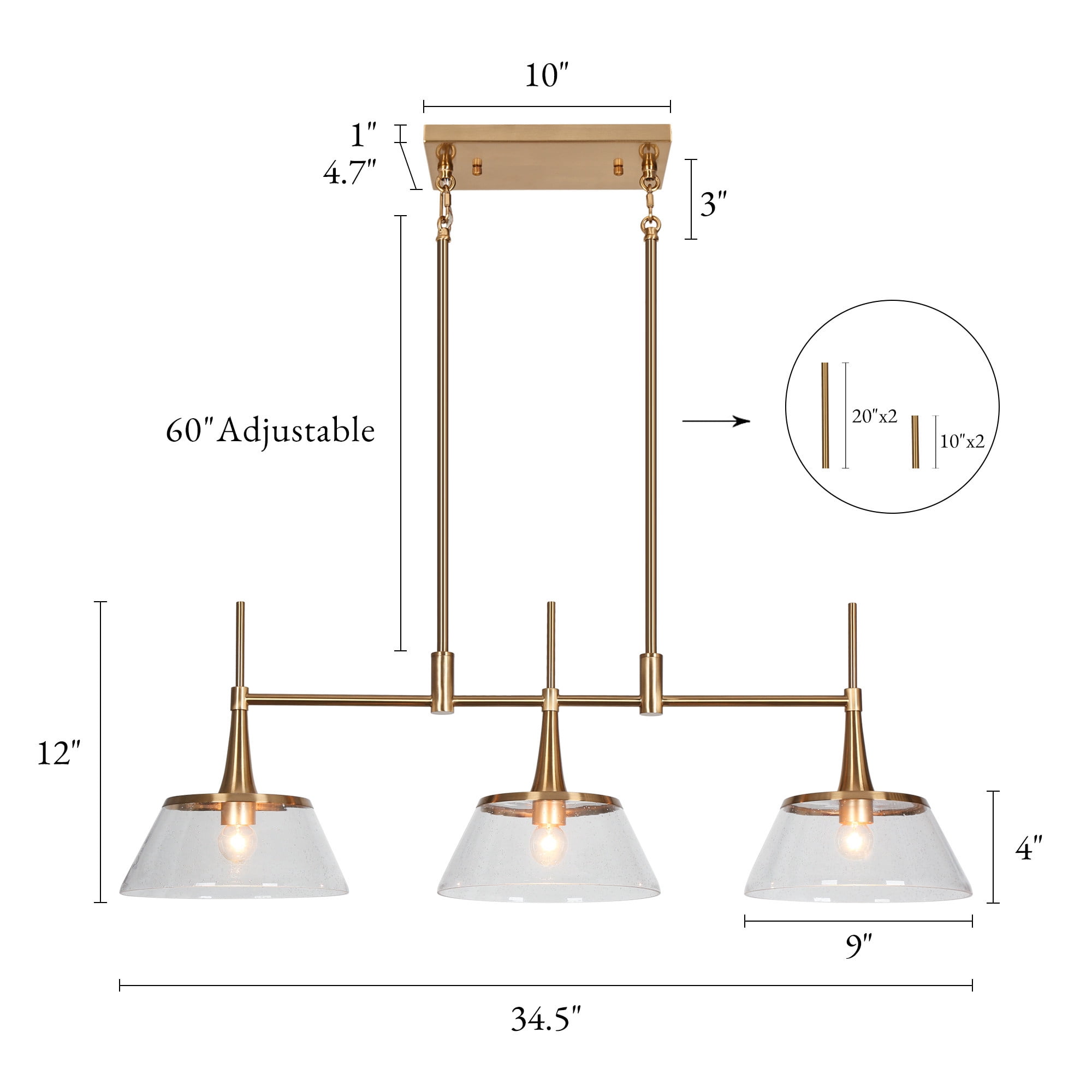 LNC 3-Light Linear Modern Brass E12 Hardwired Kitchen Island Pendant with Seeded Glass Shades