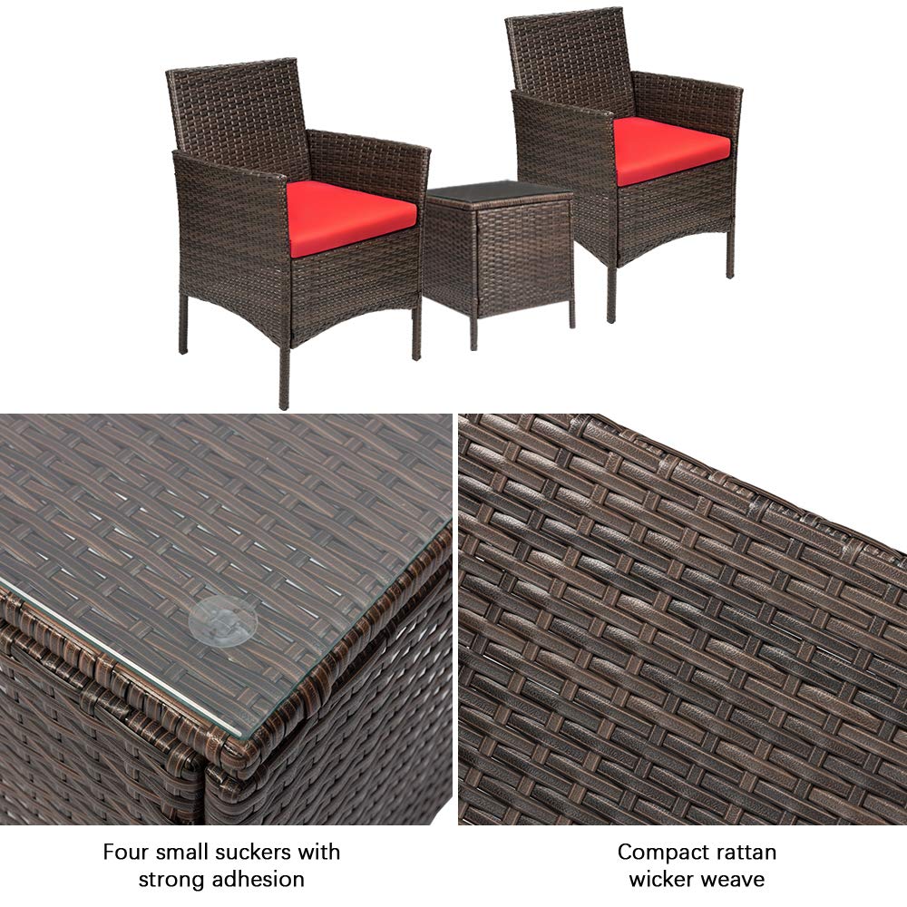 Lacoo 3 Pcs 2 Seater Outdoor Patio Furniture PE Rattan Wicker Table and Chairs Set with Cushioned Tempered Glass (Brown/Red) - image 3 of 6