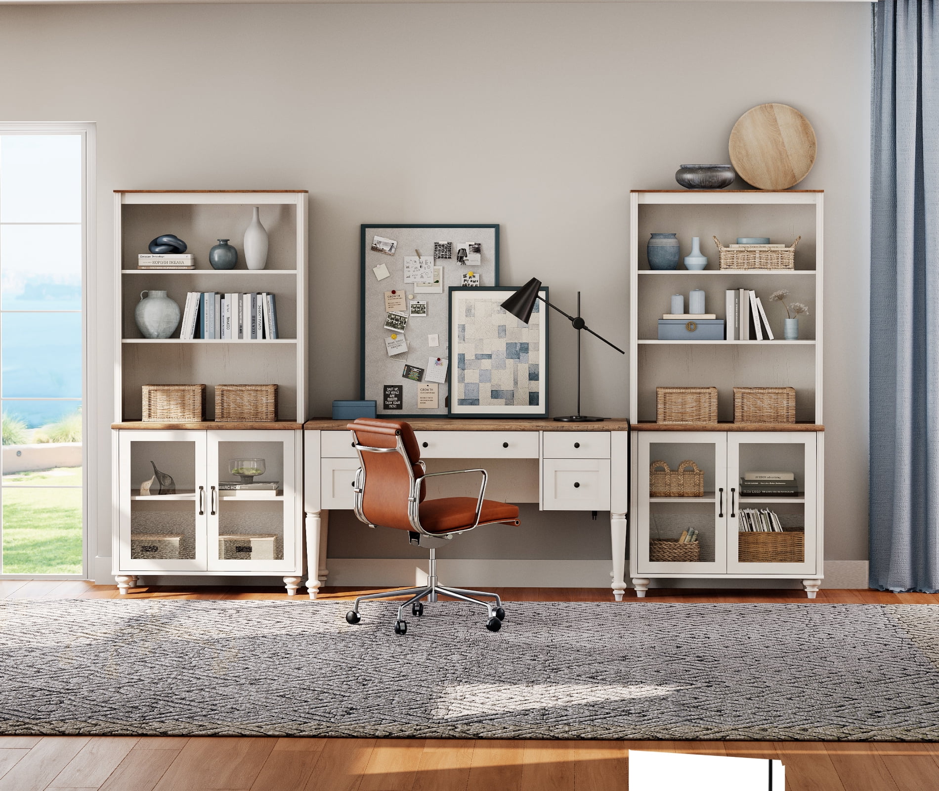 White Home Office Furniture Set, 56" Executive Desk with Charging Station, 72" Tall Bookcase with 4 Glass Doors, Wood Computer Desk with File Cabinet Storage, Open Shelf