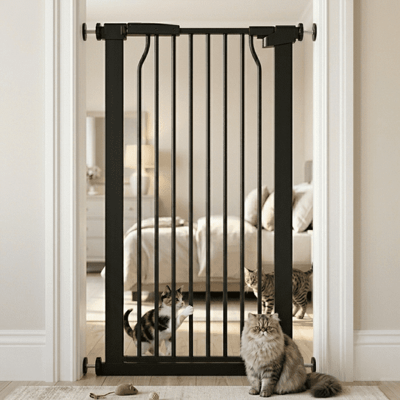 FURDEAR 40" Tall 22.4"-24.6" Narrow Baby Safety Gate with Wall Protectors Black Metal Gate