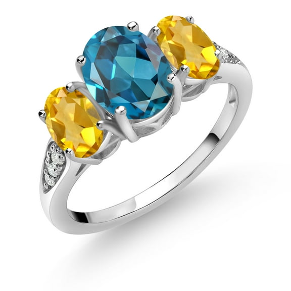 Gem Stone King 10K White Gold London Blue Topaz Yellow Citrine and White Lab Grown Diamond 3 Stone Engagement Ring for Women (2.44 Cttw, Gemstone Birthstone, Size 6)