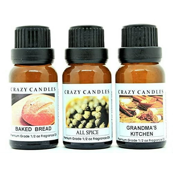 Crazy Candles 3 Bottles Set, 1 Baked Bread, 1 All Spice, 1 Grandmas Kitchen 1/2 Fl Oz Each (15ml) Premium Grade Scented Fragrance Oils