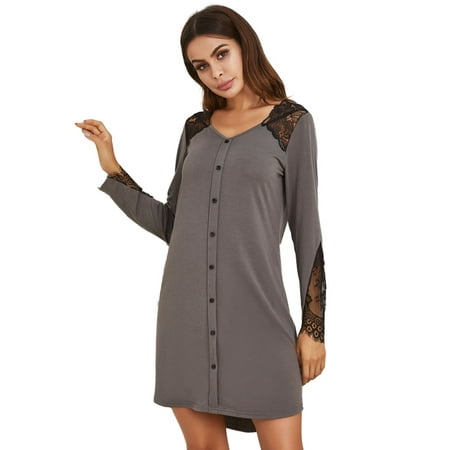 

Poseca Women s Nightgowns Lace Trim Long Sleeves Sexy Sleep Shirts V Neck Sleepwear Pajama Dress S-XXL