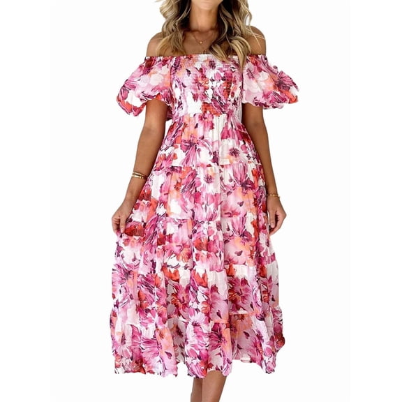 Women'S Summer Casual Midi Dress Puffy Short Sleeve Square Neck Smocked Tiered Ruffle Dresses Light Red Flowers L