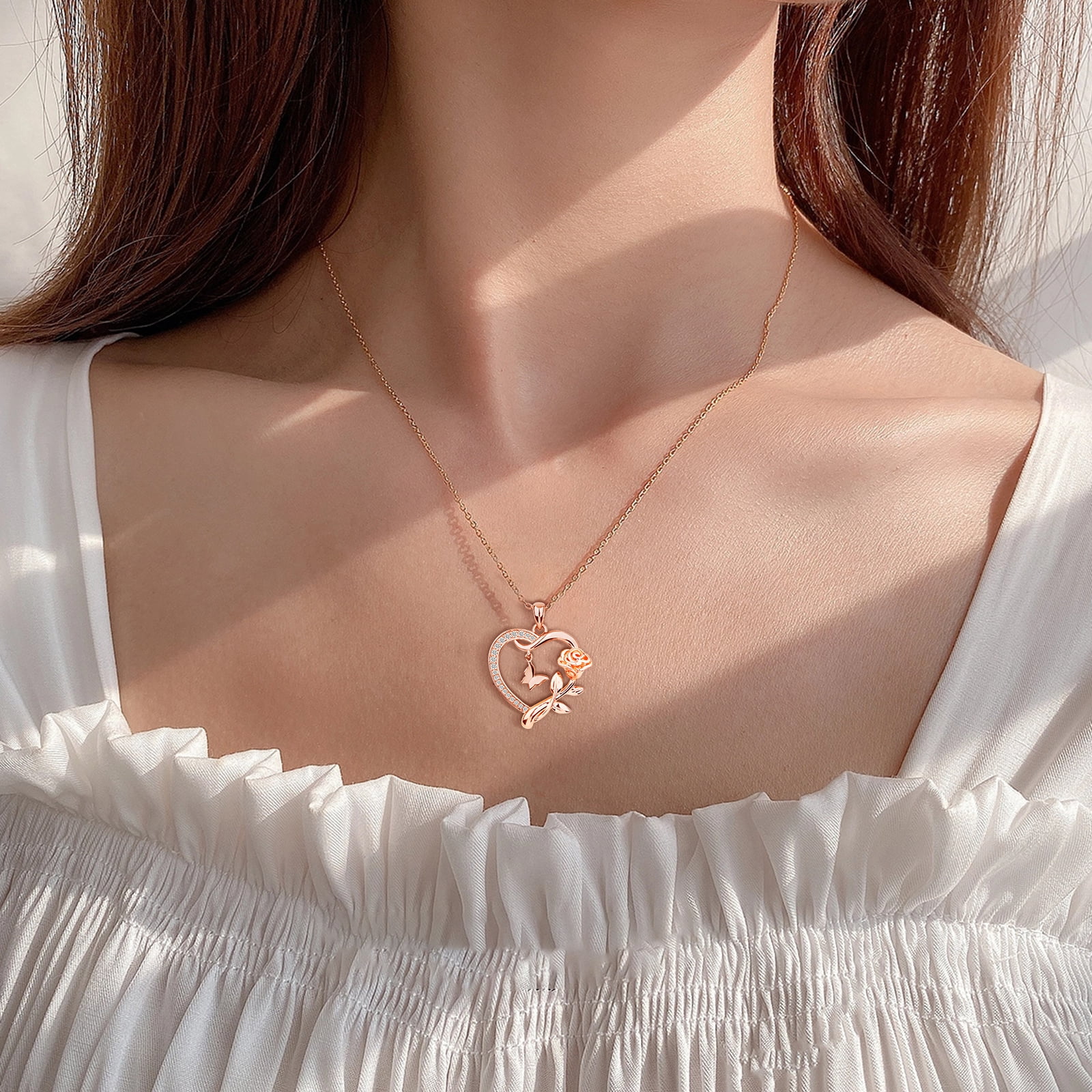 Heart Necklace for Women Rose Gold Plated CZ Romantic Rose and Butterfly Jewelry Gift for Women Birthday Valentine's Day