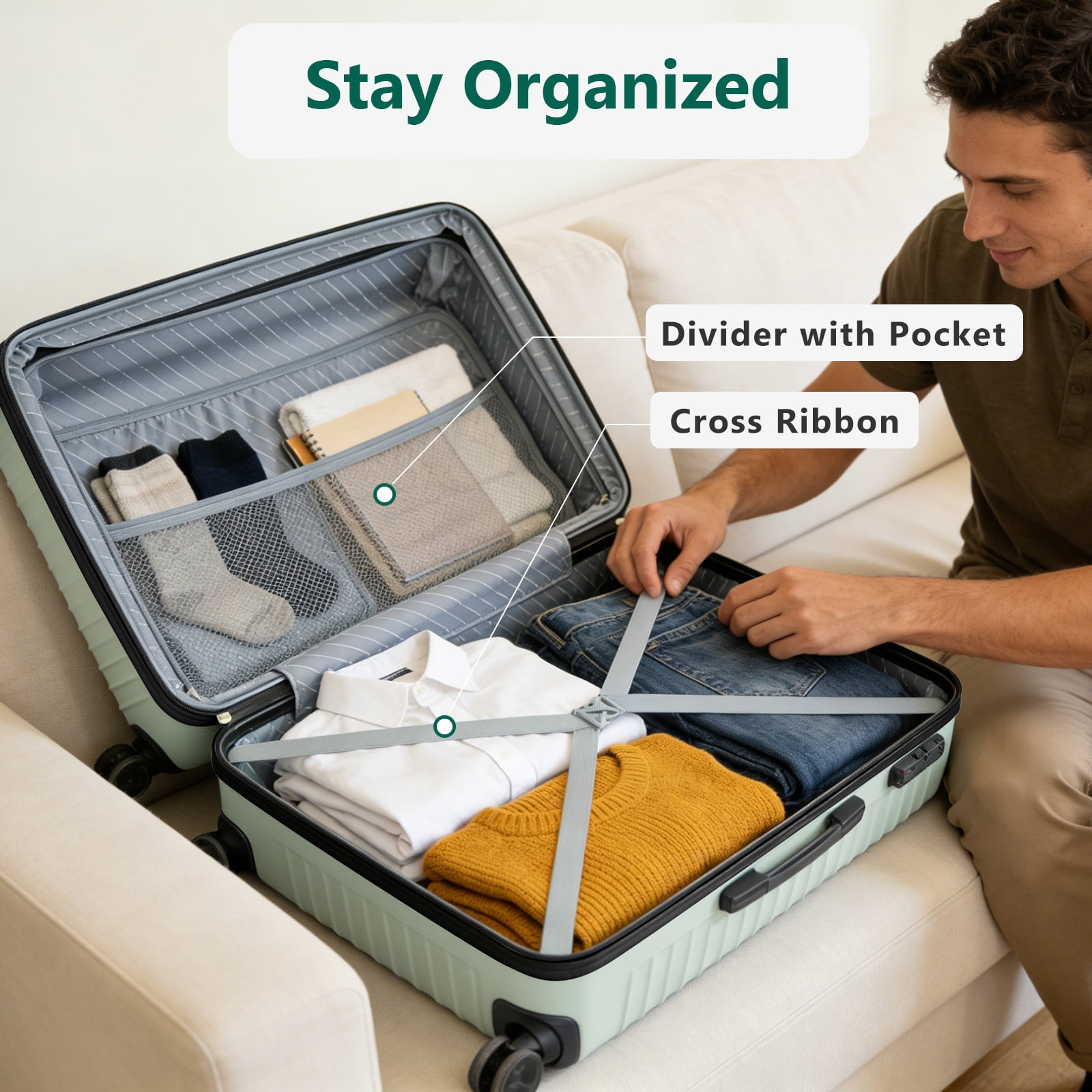 WASUHE 24" Hardside Medium Checked Expandable Luggage,Hardshell Suitcase With Divider Pockets,Four 360-Spinner Wheels,Expandable For Up to 15% More Space,With Scratch-Resistant Surface,Green