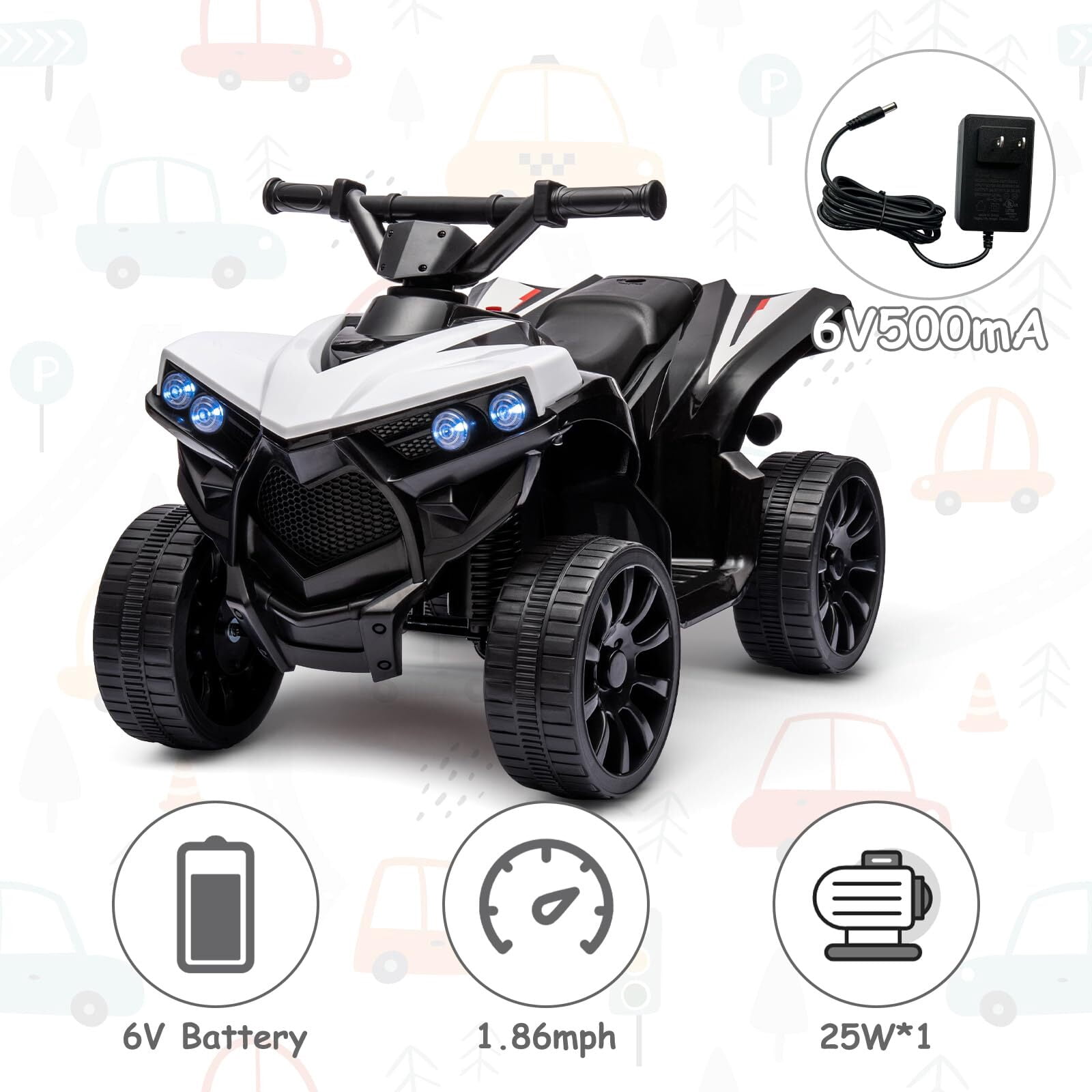 Kids ATV 4 Wheeler,6V Ride-On ATV Car Toy for Children Ages 1-5, 1.8 Mph Max Speed, Music,Led Lights,Electric Vehicle Quad Car for Kids