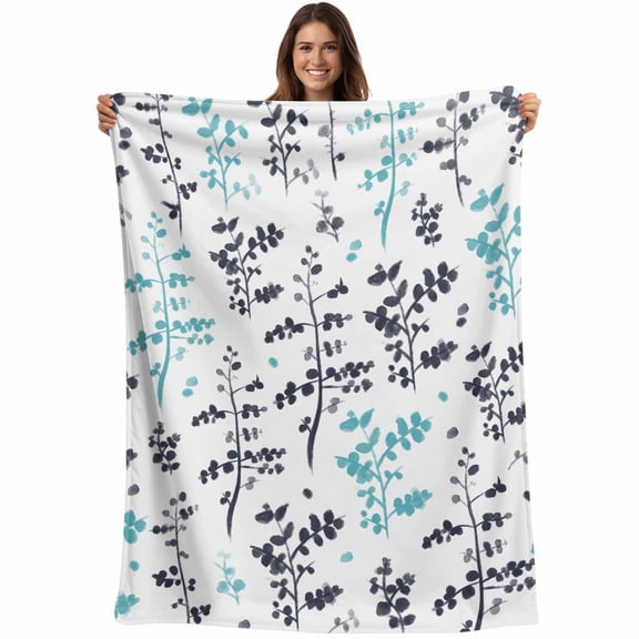 Aqua Grey Botanical Blanket Soft Cozy Warm Throw Blanket for Couch, Plush Fuzzy Flannel Fleece Blankets for Sofa, Watercolor Spring Floral Summer Leaf Bed Blankets Lightweight Gifts for Men, 32"x48"