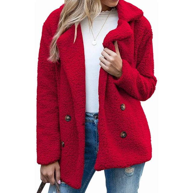 Abrigo de invierno de forro polar sintético para mujer, color liso, manga larga, cierre de botones, chaqueta informal para oficina, trabajo, ropa exterior, compras, citas, rojo, 4XL