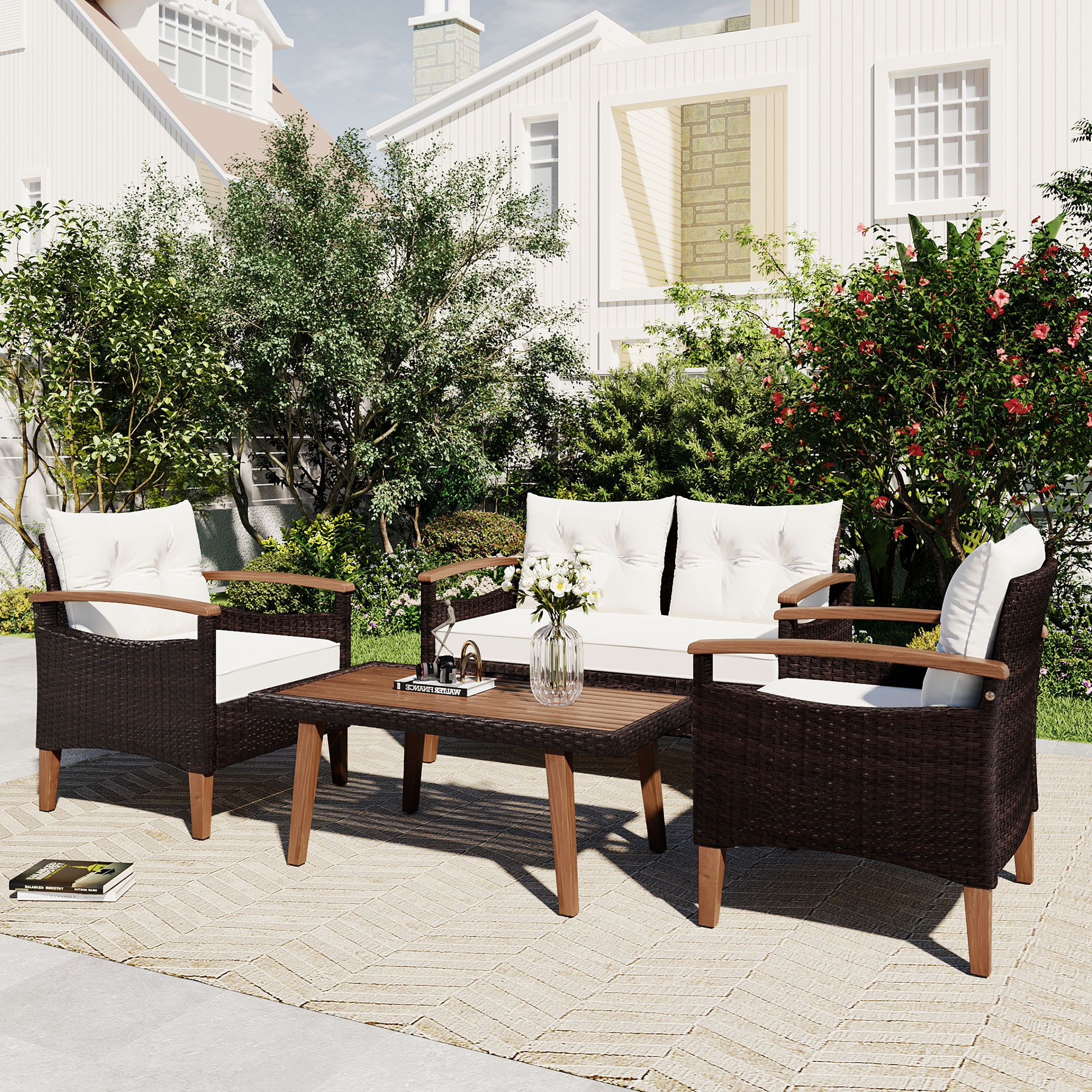 Seizeen 4-Piece Patio Furniture Set, PE Rattan Outdoor Conversation Set with Acacia Wood Table & Armrests, Heavy-duty Sofa Set with Cushions, Patio Seating Set for Backyard Garden Porch Deck