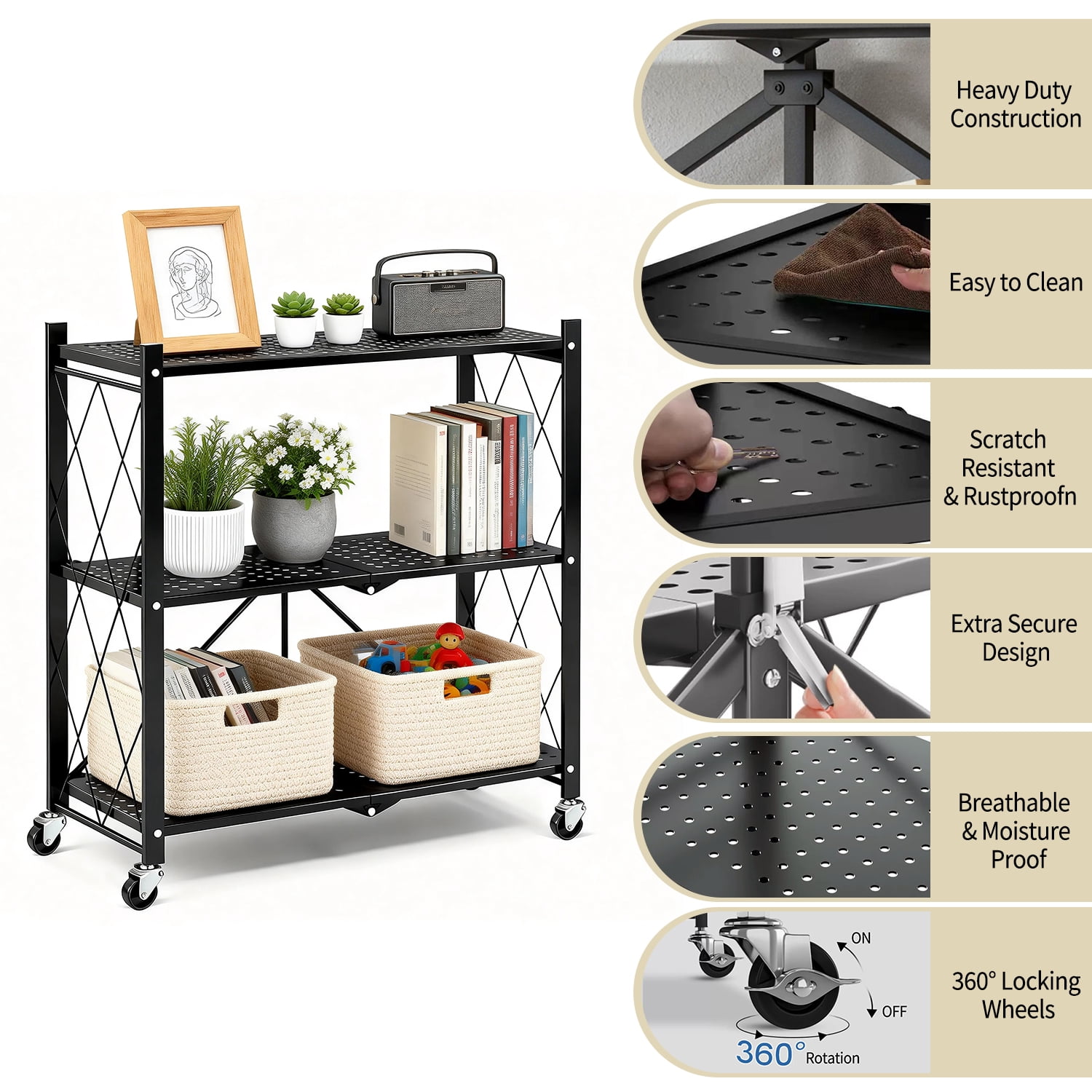 TAIMASI 3-Tier Foldable Metal Shelf with Wheels, Heavy-Duty Movable Wire Rack for Garage, Kitchen, Basement, Pantry Storage, 28''L x 13.4''W x 34.7''H-Black