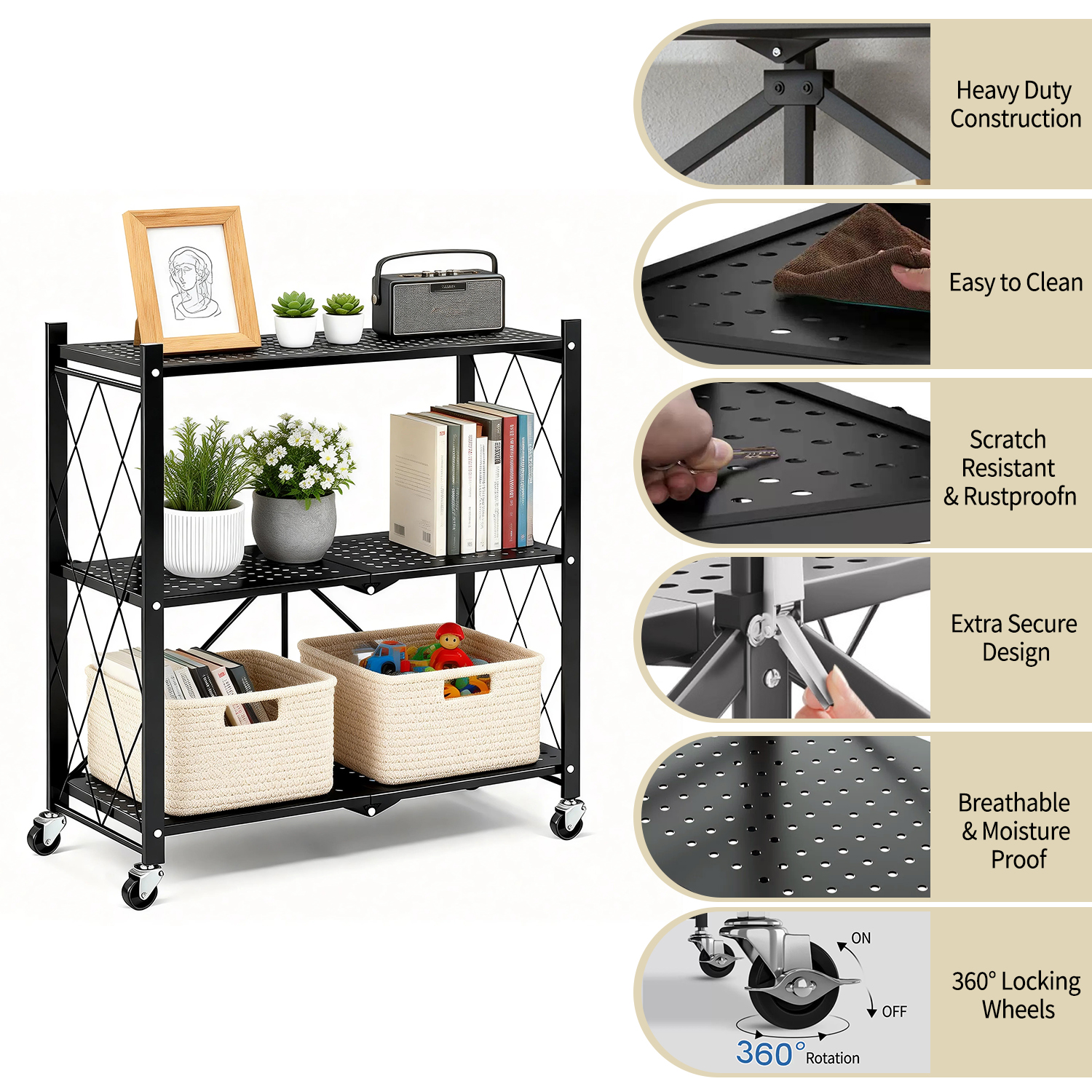 TAIMASI 3-Tier Foldable Metal Shelf with Wheels, Black photo 4