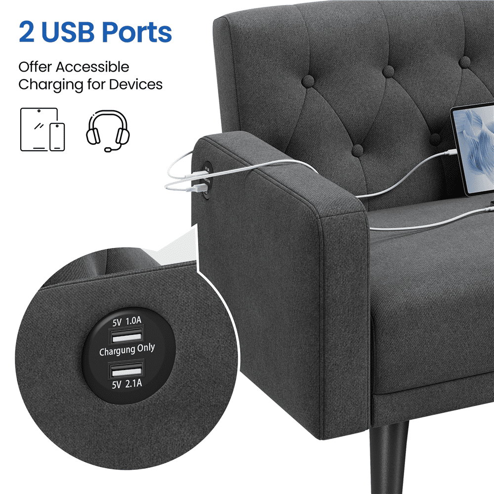 Renwick 63in Convertible Futon Sofa Bed with USB Ports for Living Room, Dark Gray