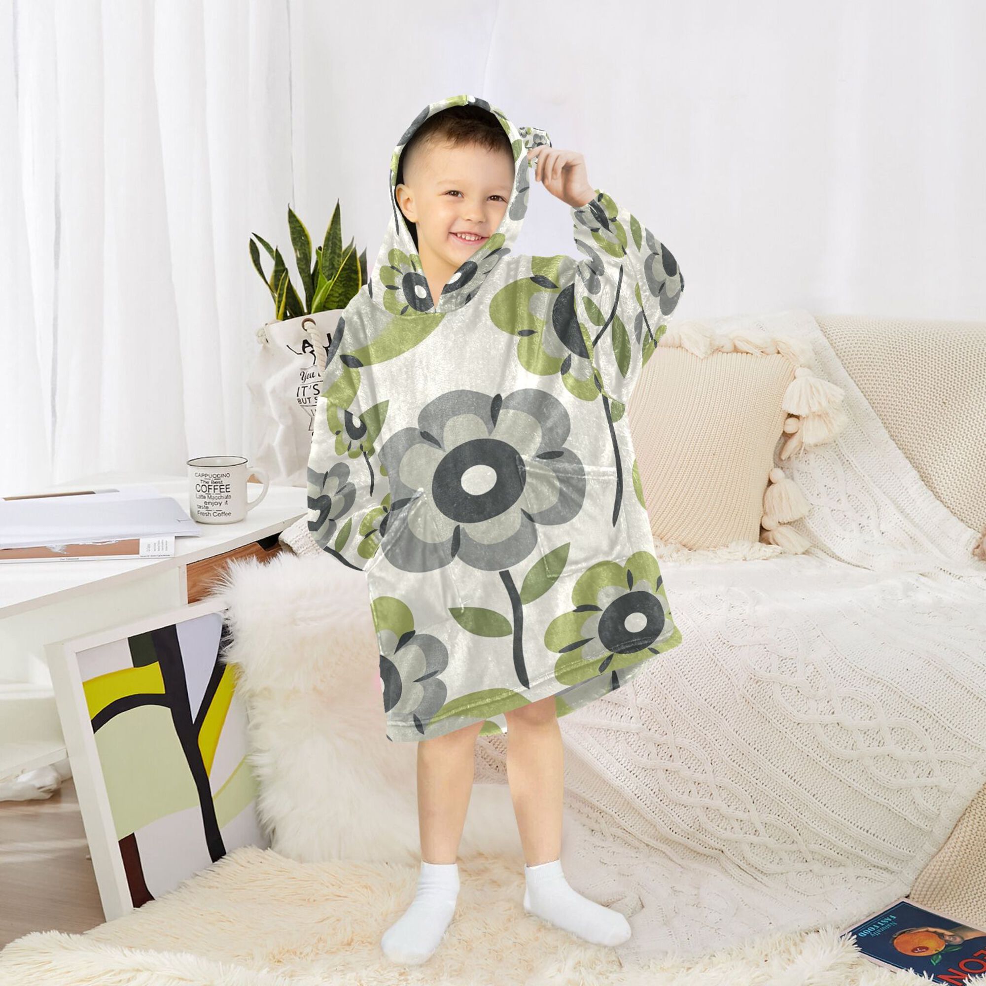 FORMRS Wearable Blanket Hoodie with Sleeves for Kids Cozy Flannel Sweatshirt, Retro Flower