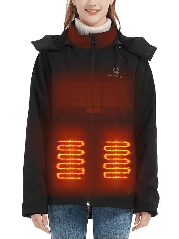 Women's Soft Shell Heated Jacket with Detachable Hood and Battery Pack Black Coat