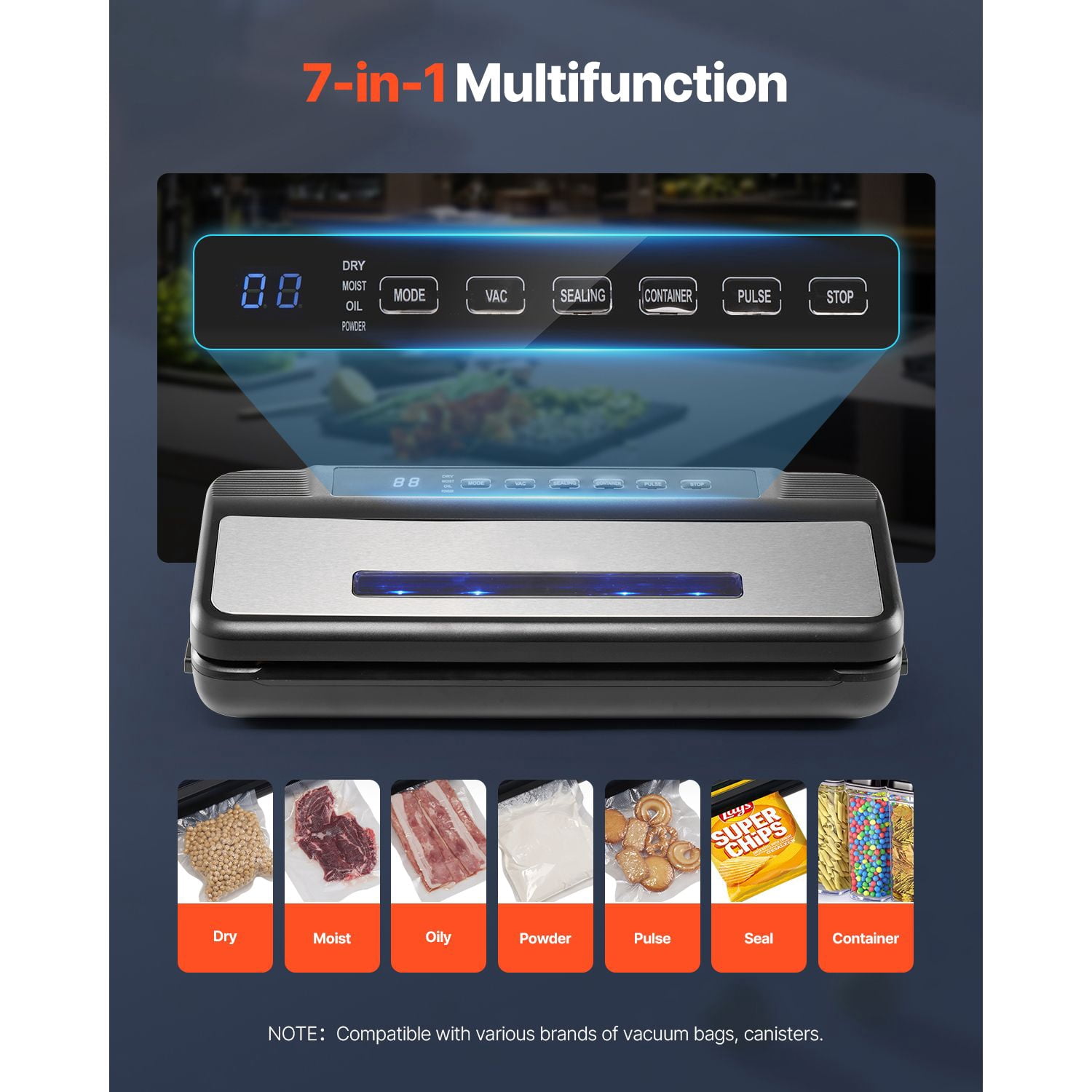Vacuum Sealer Machine, 80kPa Powerful Suction, 7-in-1 Food Modes, 12" Heating Bar, Built-in Bag Cutter, Removable Drip Tray, for Home Kitchen Food Preservation