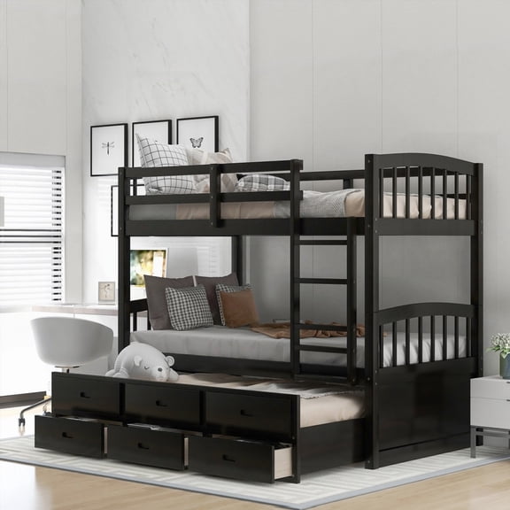 Twin over Twin Wood Bunk Bed with Trundle & Drawers - Espresso, Can Be Divided